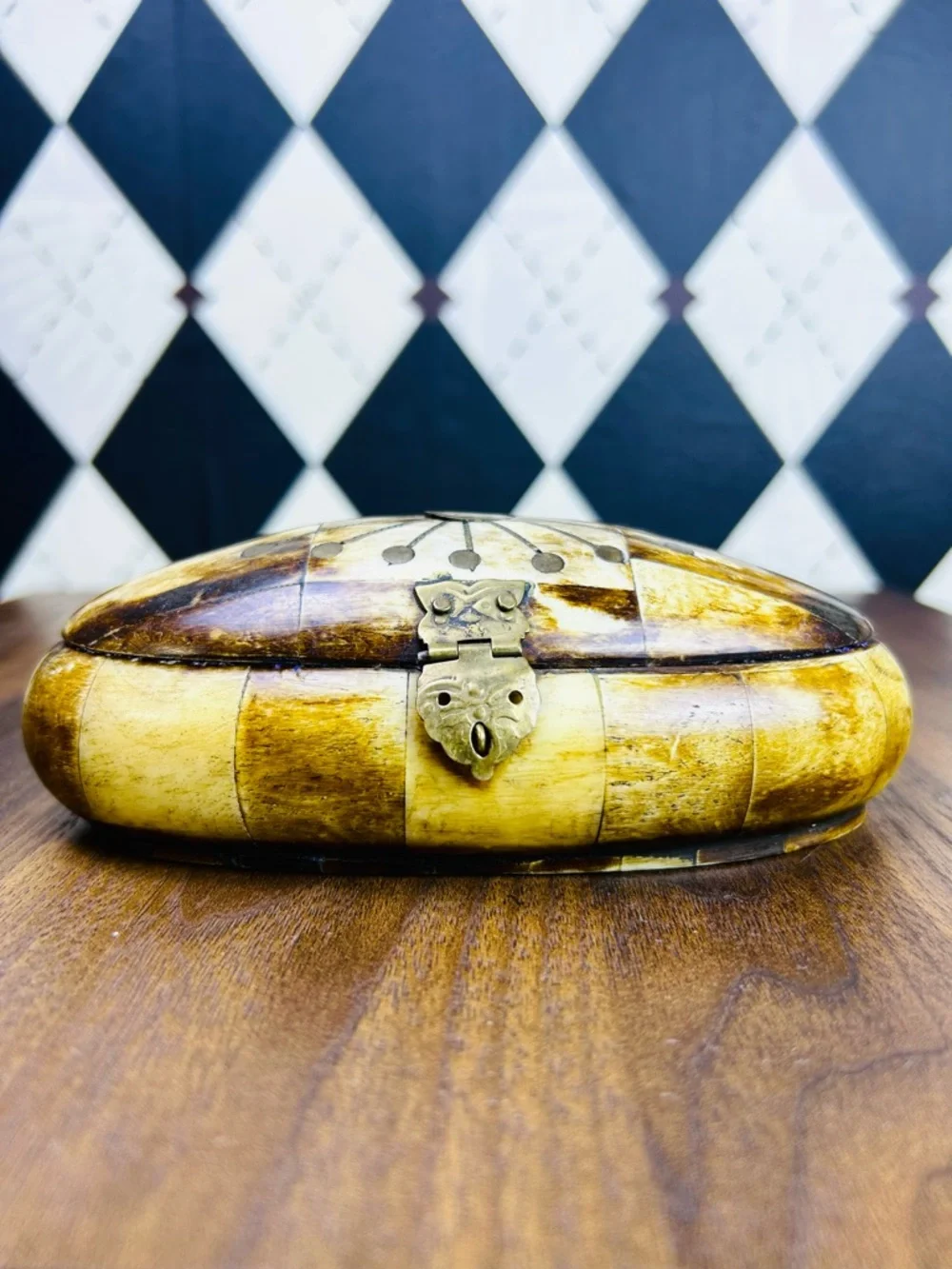 Vintage Bovine Bone Trinket Box Brass‎ Inlay Jewelry Box Collectible Carmel Bone